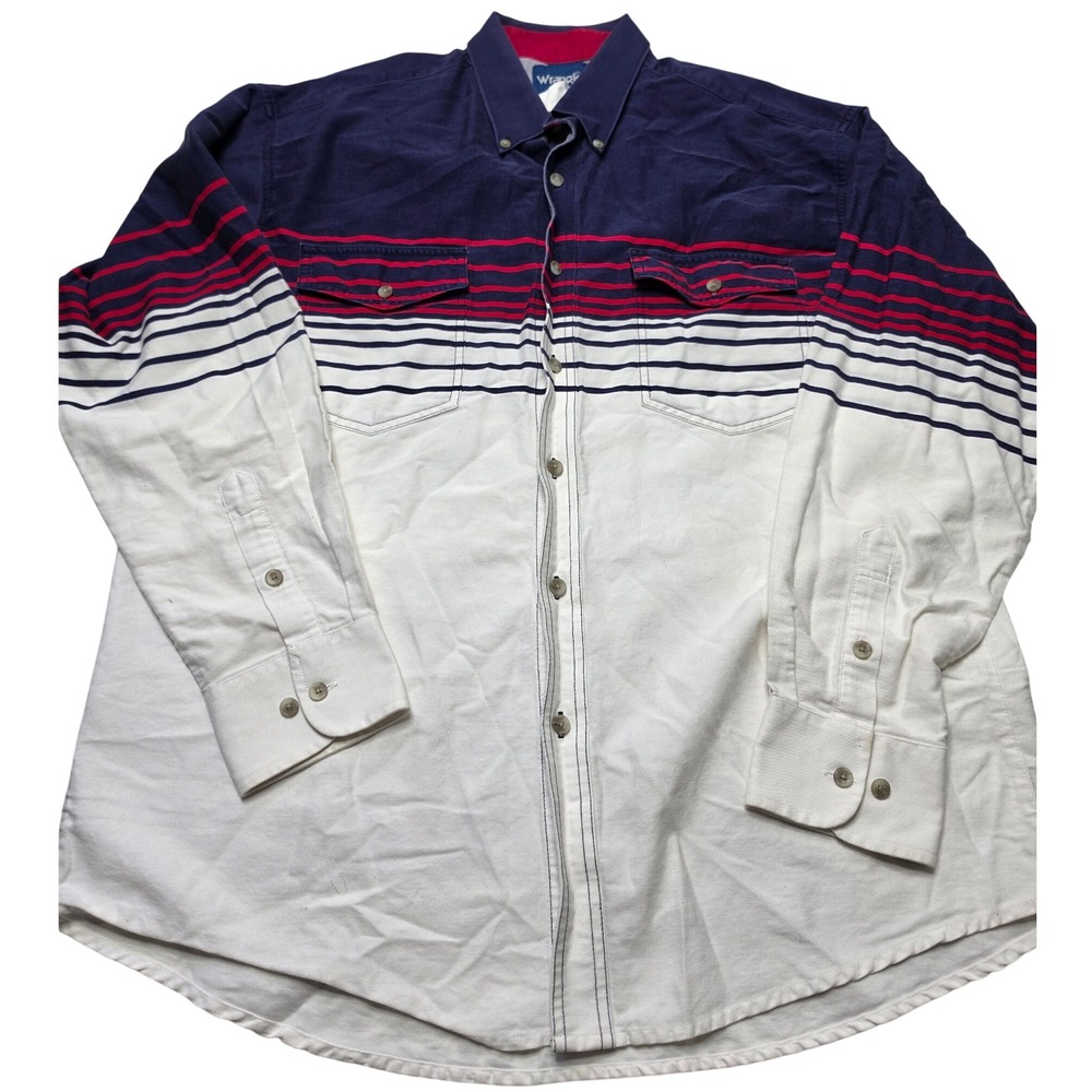 Wrangler Western Shirt Mens XL Colorblock Striped Navy White Red Long Sleeve